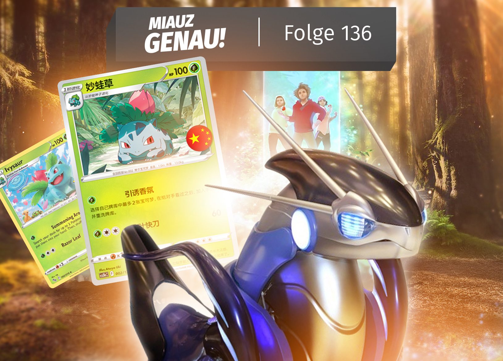 Toyota Miraidon, Chinesische Pokémon GO TCG Karten und im Hintergrund die neuen Pokémon GO Avatare aus Rediscover Pokémon GO. Podcast mit YouTuber LEOsMIND