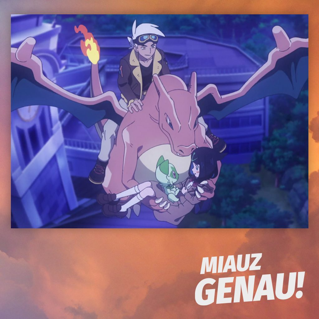 Liko und Felori werden in Folge 2 von Pokémon Horizonte von Glurak und Friedel gerettet. Unten rechts das Logo von Miauz Genau dem deutschen Pokemon Podcast