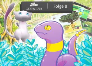 Rettan schaut aus dem Gras hervor und sieht Mew aus Pokemon Snap für den Nintendo 64. Im Hintergrund sind Fotos aus der Beta von Pokemon Snap