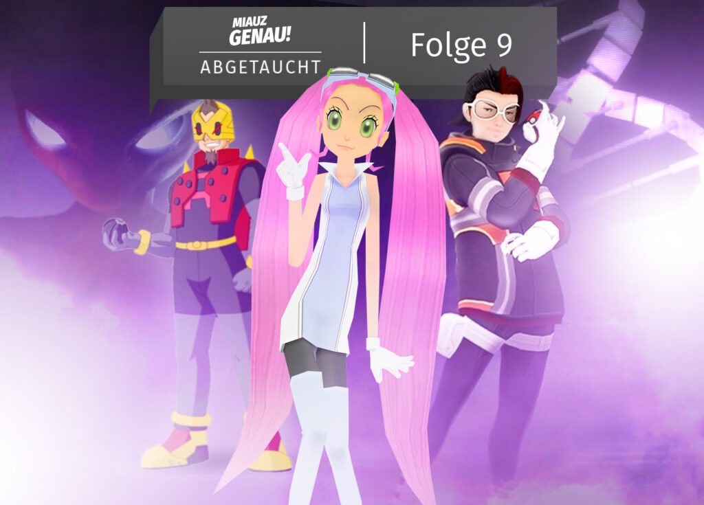 Luzilla aus Pokémon XD, der dunkle Sturm, dem Nachfolgespiel von Pokémon Colosseum, steht im Vodergrund und Team Rocket Vorstand Arlo (Pokemon GO) und Vicious (Pokemon Film 4) stehen dahinter. Im Hintergrund eine technische DNA Helix, sowie ein Umriss von Mewtu aus Meisterdetektiv Pokachu