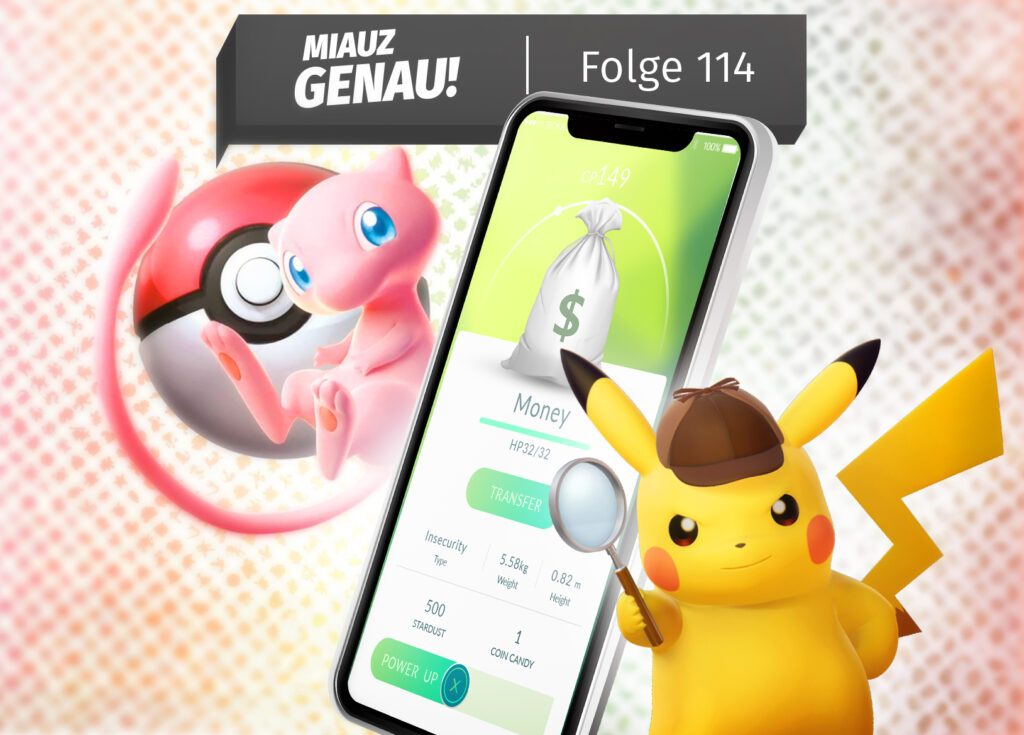 Pokémon TCG 151 Sammelkarten Mew mit Pokéball vor Pokémon Hintergrund. Smartphone mit Geldsack in Pokemon GO. Detective Pikachu steht frontal