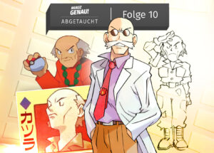 Podcast-Cover von 'Miauz Genau! – Folge 10' mit Pyro (Blaine) in verschiedenen Designs und Konzeptzeichnungen, die seine Entwicklung als Pokémon-Charakter zeigen