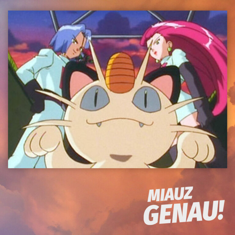 Anime-Szene aus der klassischen Pokémon-Serie mit Team Rocket, bestehend aus Mauzi, Jessie und James, die entschlossen in die Kamera blicken. Die dramatische Perspektive und der farbenprächtige Himmel im Hintergrund unterstreichen ihren ikonischen Auftritt. Das Logo des Pokémon-Podcasts Miauz Genau! ist in der Ecke zu sehen.