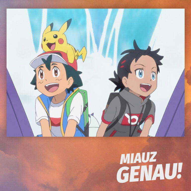 Anime-Szene aus Pokémon Reisen mit Ash, Goh und Pikachu, die voller Begeisterung auf dem Rücken eines Lugia reiten. Die gewaltige Wasserfontäne im Hintergrund unterstreicht die epische und abenteuerliche Atmosphäre der Szene. Das Logo des Pokémon-Podcasts Miauz Genau! ist in der Ecke zu sehen.