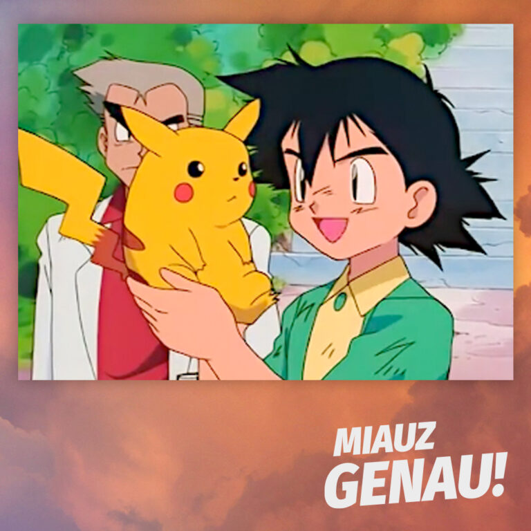 Anime-Szene aus der ersten Staffel von Pokémon mit Ash Ketchum, der voller Freude sein frisch erhaltenes Pikachu in den Händen hält. Professor Eich steht im Hintergrund und beobachtet die Szene. Die nostalgische Farbgebung und der klassische Zeichenstil unterstreichen den ikonischen Moment aus der Pokémon-Geschichte. Das Logo des Pokémon-Podcasts Miauz Genau! ist in der Ecke zu sehen.