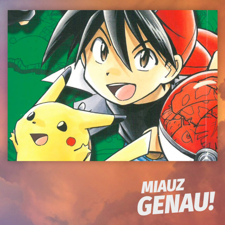 Podcast-Cover von 'Miauz Genau! – Der deutsche Pokémon Podcast' mit einer dynamischen Manga-Illustration von Red und Pikachu aus dem 'Pokémon Adventures'-Manga, vor einem grünen Hintergrund mit Abenteuermotiven und einem detaillierten Pokéball im Vordergrund