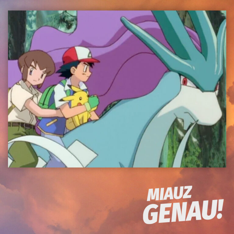 Podcast-Cover von 'Miauz Genau! – Der deutsche Pokémon Podcast' mit Ash, Pikachu und Yusuke auf dem legendären Suicune in einer dramatischen Reitszene durch den Wald, inspiriert von den Johto-Abenteuern