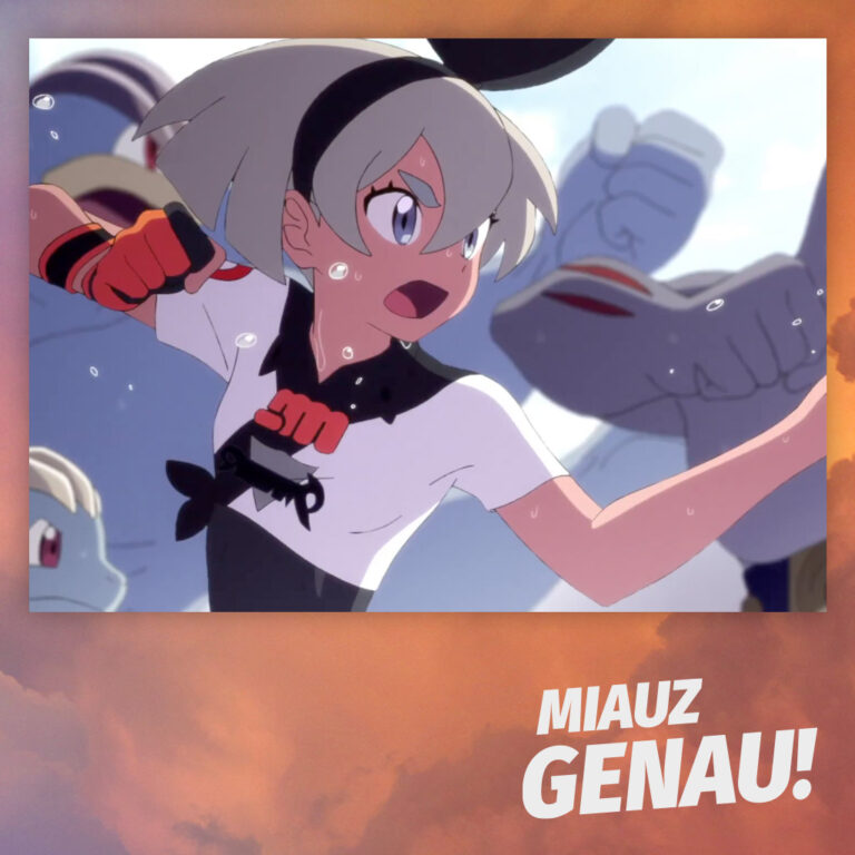 Anime-Szene aus Pokémon: Zwielichtflügel mit Saida, die sich mitten in einem intensiven Training mit ihren Kampf-Pokémon wie Maschock und Machomei befindet. Der entschlossene Ausdruck und die dynamische Bewegung unterstreichen ihre kämpferische Entschlossenheit. Das Logo des Pokémon-Podcasts Miauz Genau! ist in der Ecke zu sehen.