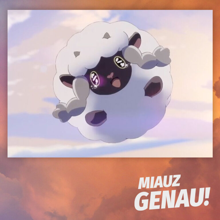 Anime-Szene aus Pokémon: Zwielichtflügel mit Wolly, das durch die Luft fliegt und dabei einen überraschten, aber fröhlichen Ausdruck zeigt. Die weiche Beleuchtung und der pastellfarbene Himmel verleihen der Szene eine verträumte Atmosphäre. Das Logo des Pokémon-Podcasts Miauz Genau! ist in der Ecke zu sehen.