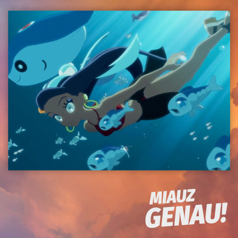 Anime-Szene aus Pokémon: Zwielichtflügel mit Kate, die elegant durch das Wasser taucht, umgeben von Pokémon wie Mantirps und Lusardin. Die dynamische Bewegung und das Lichtspiel unter Wasser verleihen der Szene eine lebendige und atmosphärische Wirkung. Das Logo des Pokémon-Podcasts Miauz Genau! ist in der Ecke zu sehen.