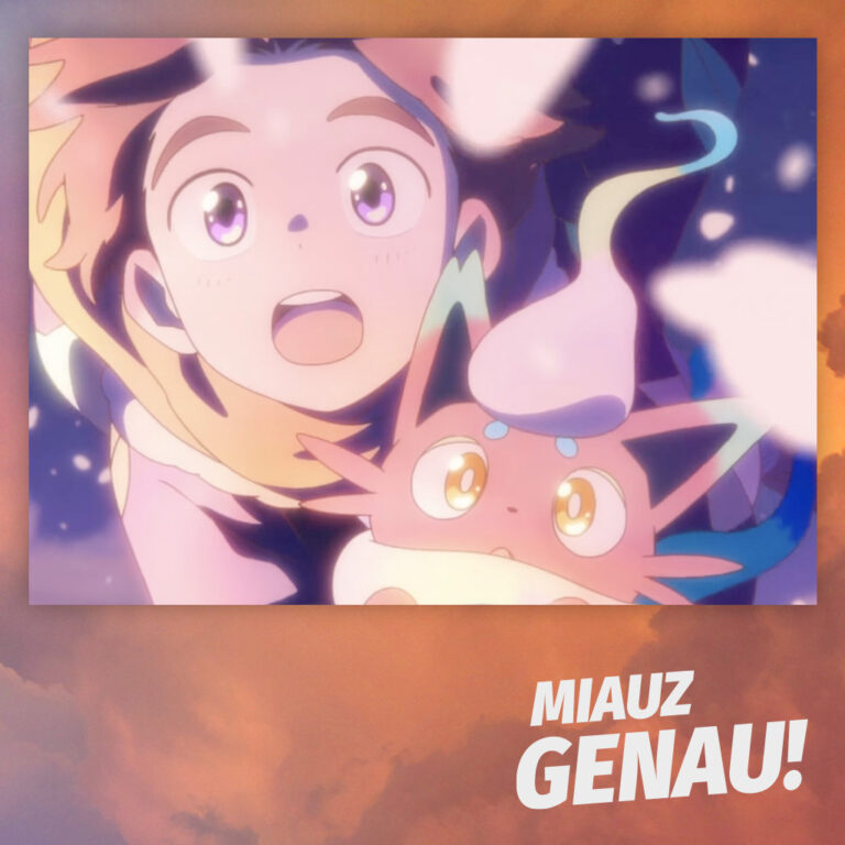 Anime-Szene aus Pokémon: Schnee in Hisui mit Alec und Hisui-Zorua, die staunend in den Himmel blicken. Die warmen Farben und sanften Lichteffekte verleihen dem Bild eine magische Atmosphäre. Das Logo des Pokémon-Podcasts Miauz Genau! ist in der Ecke zu sehen.