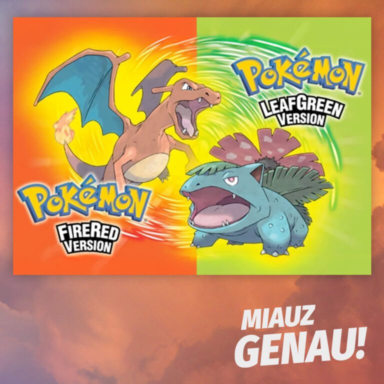 Podcast-Cover von 'Miauz Genau! – Der deutsche Pokémon Podcast' mit den Covern von 'Pokémon FireRed Version' und 'Pokémon LeafGreen Version', featuring Glurak (Charizard) und Bisaflor (Venusaur) vor einem dynamischen rot-grünen Hintergrund im klassischen Retro-Stil