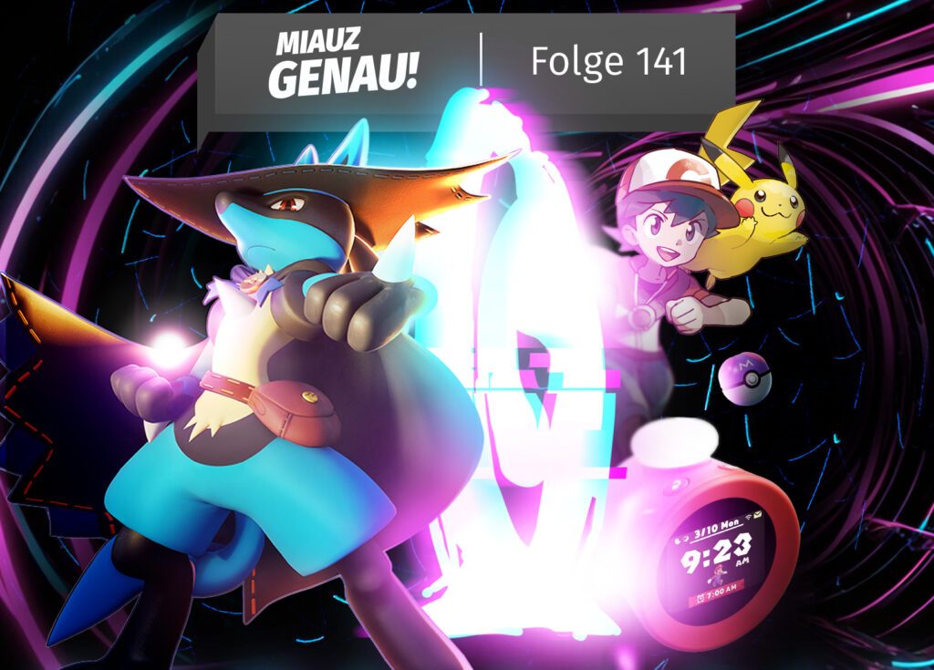 Podcast Episode von MiauzGenau, der deutsche Pokémon Podcast. Game Freak Logo in der Mitte. Es leuchtet und wird gehackt und der Teraleak strömt in blauen und rosanen Farben heraus. Auch der Protagonist von Lets Go, Lucario und der Nintendo Alarmo Wecker sind da