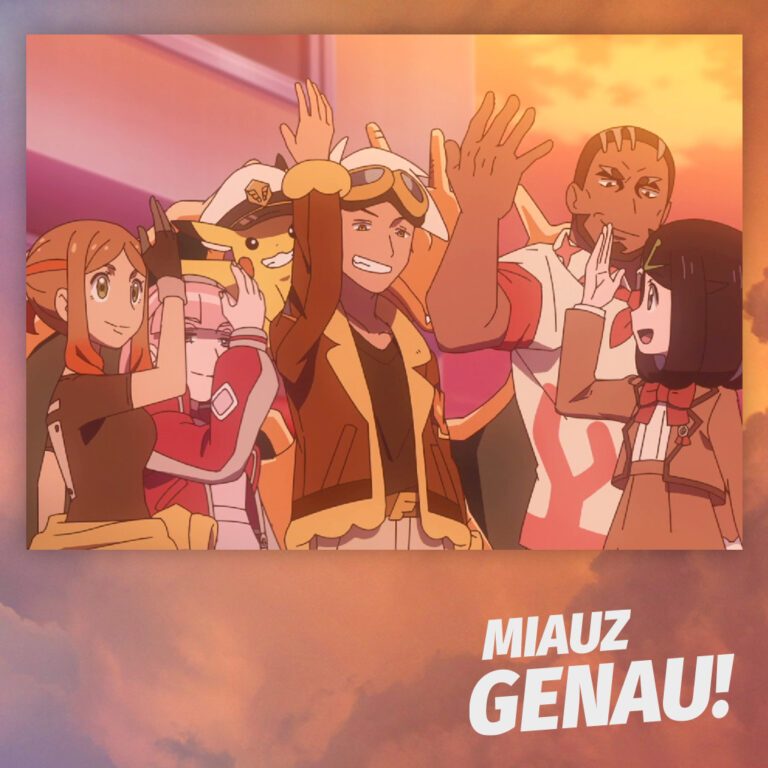 Podcast-Cover von 'Miauz Genau! – Der deutsche Pokémon Podcast' mit einer fröhlichen Gruppe von Charakteren aus 'Pokémon Horizonte', darunter Liko, Pikachu im Kapitäns-Outfit, Orio, Murdock, Friede und weitere Mitglieder der Explorers. Sie geben sich High-Fives vor einem warmen Sonnenuntergangshintergrund.