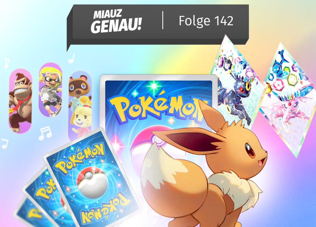 Evoli steht vor den Kartenrücken aus Pokemon TCG Pocket. Im Hintergrund Nachtara und Psiana aus Prismatische Etwicklungen und ein Promo Image aus Nintendo Music. Deutscher Pokémon Podcast mit der YouTuberin V wie Valentina