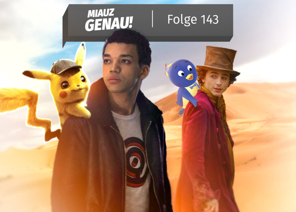 DIe Rollen von Synchronsprecher Marco Eßer stehen zusammen auf Dune, dem Wüstenplanet: Wonka (aus dem gleichnamigen Film) mit Pablo von den Backyardigans auf der Schulter und Tim Goodman mit Meisterdetektiv Pikachu auf der Schulter.