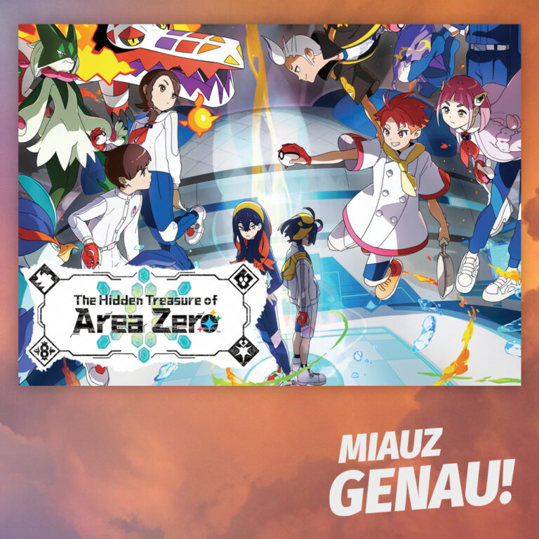 Podcast-Cover von 'Miauz Genau!' mit Artwork zu 'The Hidden Treasure of Area Zero' aus Pokémon Karmesin und Purpur, featuring die Charaktere aus dem DLC 'The Indigo Disk' in einer futuristischen Kampfarena, umgeben von legendären Pokémon und spannenden Kampfposen