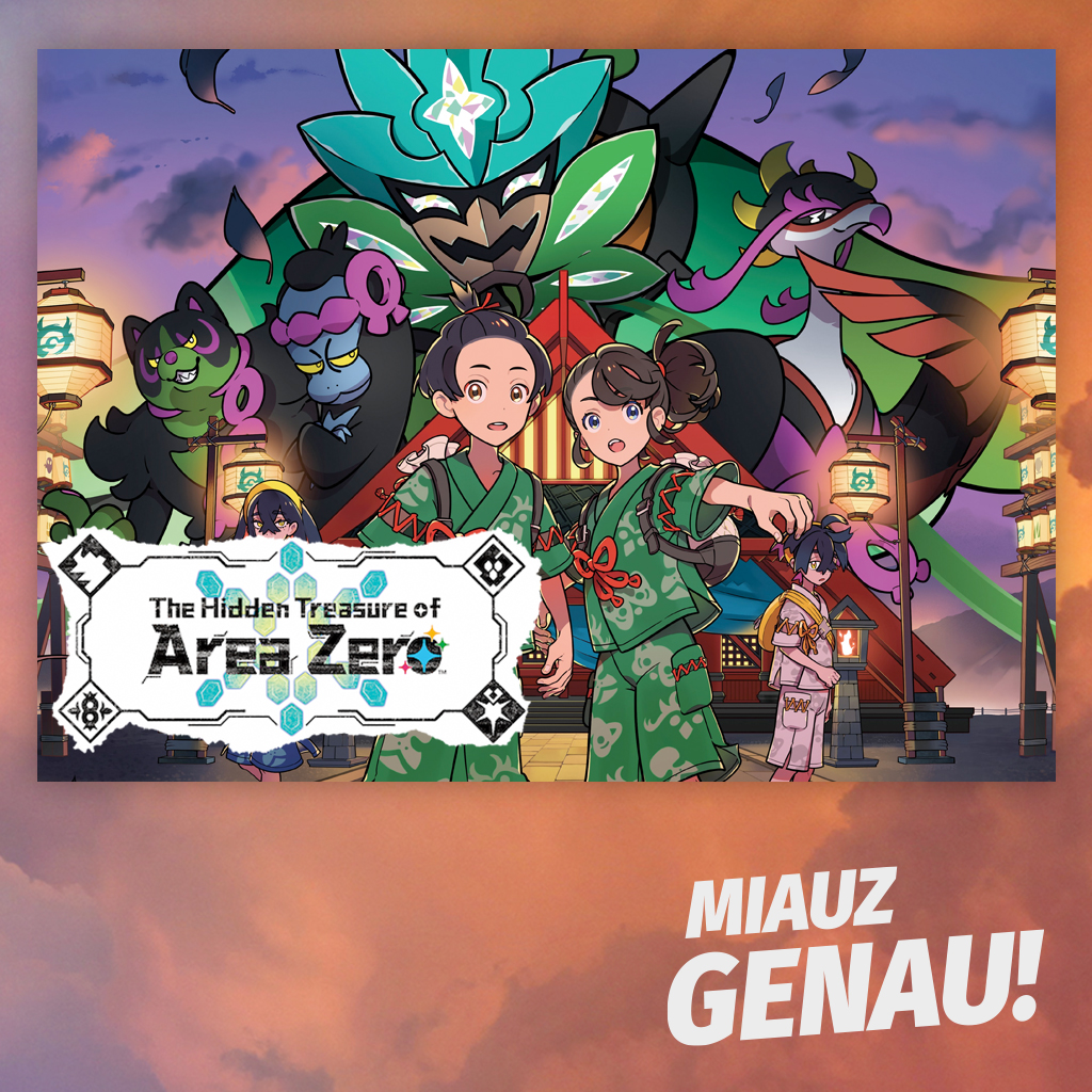 Podcast-Cover von 'Miauz Genau!' mit Artwork zu 'The Hidden Treasure of Area Zero' aus Pokémon Karmesin und Purpur, featuring die Charaktere aus dem DLC 'The Teal Mask' in traditioneller japanischer Kleidung, umgeben von legendären Pokémon und einer festlichen Tempelkulisse bei Sonnenuntergang