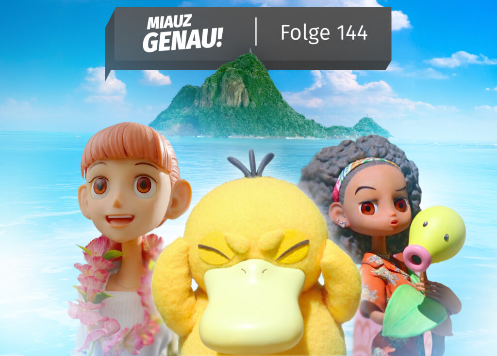 Enton, Haru und Alisa aus Pokémon Concierge, der Pokémon Netflix Serie. Im Hintergrund die Insel des Pokémon Resorts.