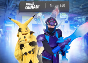 Azugladis- und Mimigma-Cosplayerin vor dem Pokémon Play Lab auf der Gamescom. Podcast-Folge mit Interviews von Pokémon-Fans auf Conventions.