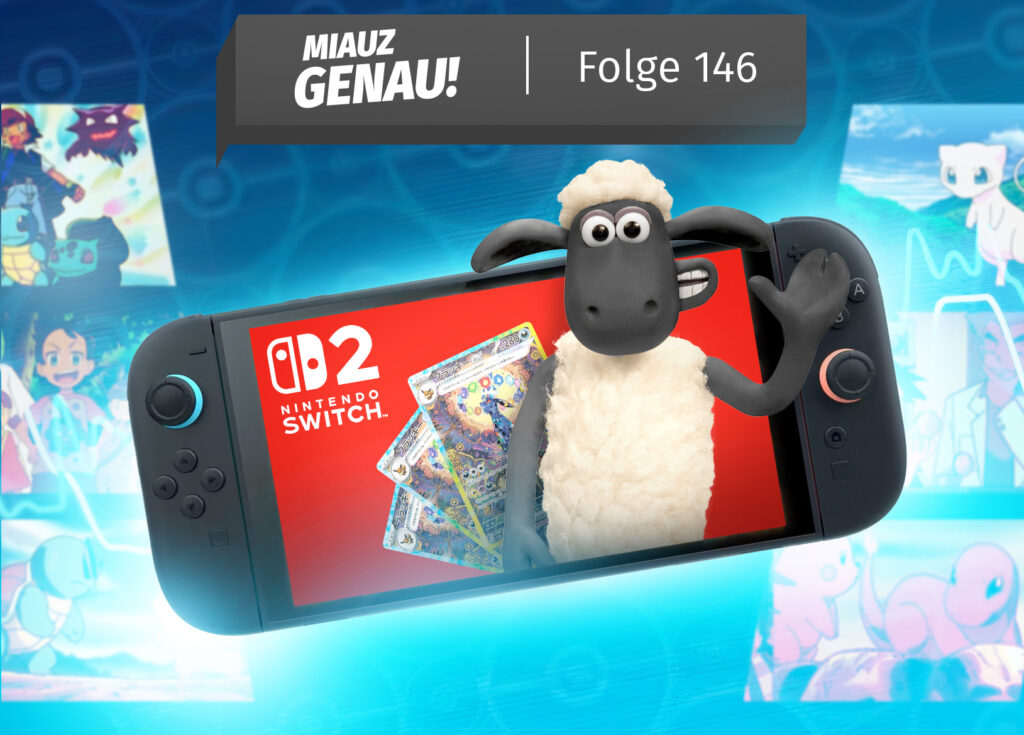 Shaun das Schaf erscheint aus der Nintendo Switch 2, während im Hintergrund Nachtara-Karten aus dem Pokémon-Set „Prismatische Entwicklungen“ und ein Pokémon TV-Display zu sehen sind.