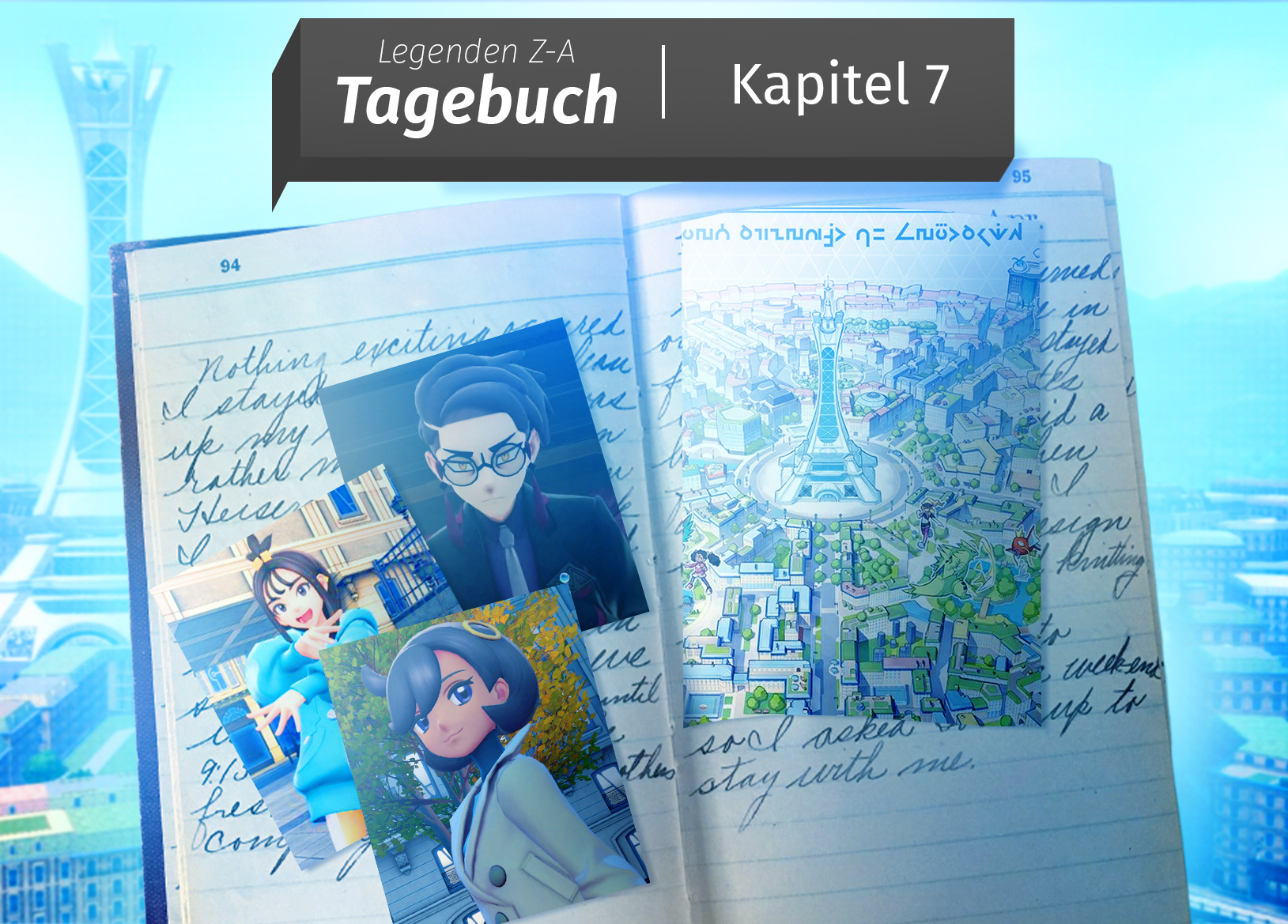Coverbild des ‚Miauz Genau!‘ Tagebuch-Podcast-Specials zu Pokémon Legenden Z-A (Kapitel 7): geöffnetes Tagebuch mit Karte von Illumina City sowie Fotos der Charaktere Ravan (Corrosio-Clan), Duro (Team MZ) und Detektivin Matière.