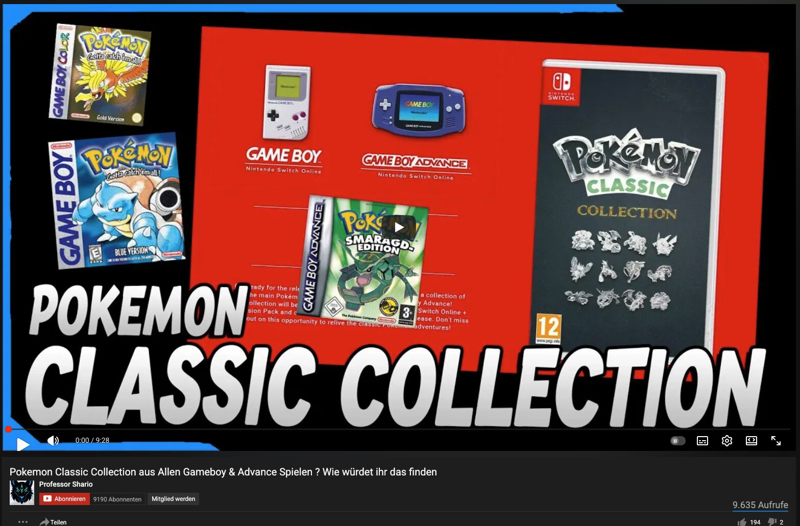 YouTube-Thumbnail zur „Pokémon Classic Collection“: rote Tafel mit Game Boy und Game Boy Advance – Nintendo Switch Online, mittig Pokémon Smaragd-Edition, rechts die Fake-Box „Pokémon Classic Collection“. Titel fragt nach Sammlung aller GB/GBA-Spiele auf der Nintendo Switch.