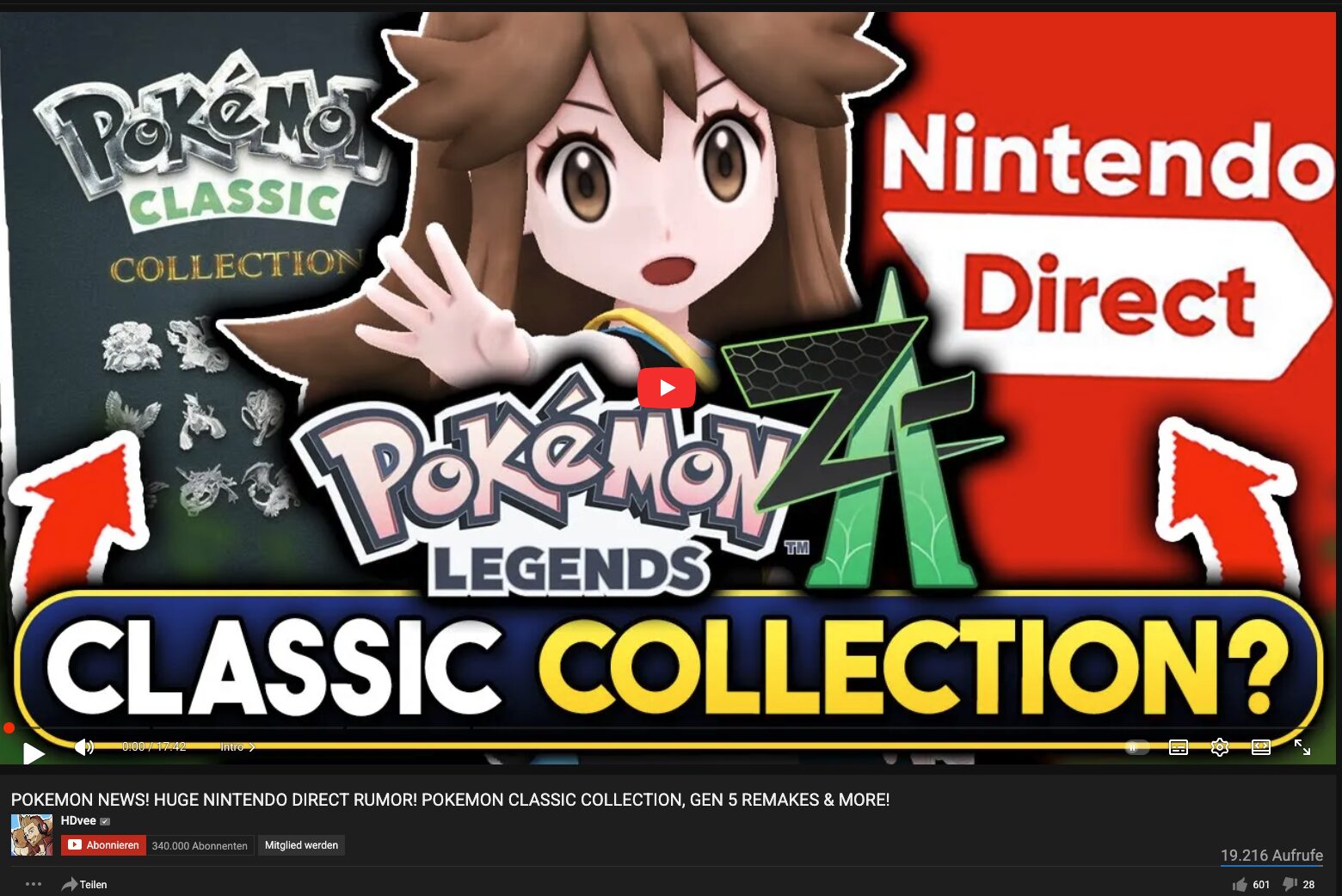 YouTube-Thumbnail zu Nintendo-Direct-Gerüchten: links die Fake-Hülle „Pokémon Classic Collection“ (Mock-up), mittig Figur aus Pokémon Legends Z-A, rechts „Nintendo Direct“; Schriftzug „CLASSIC COLLECTION?“ – Spekulation über Leak, Gen-5-Remakes und Switch-Releases.