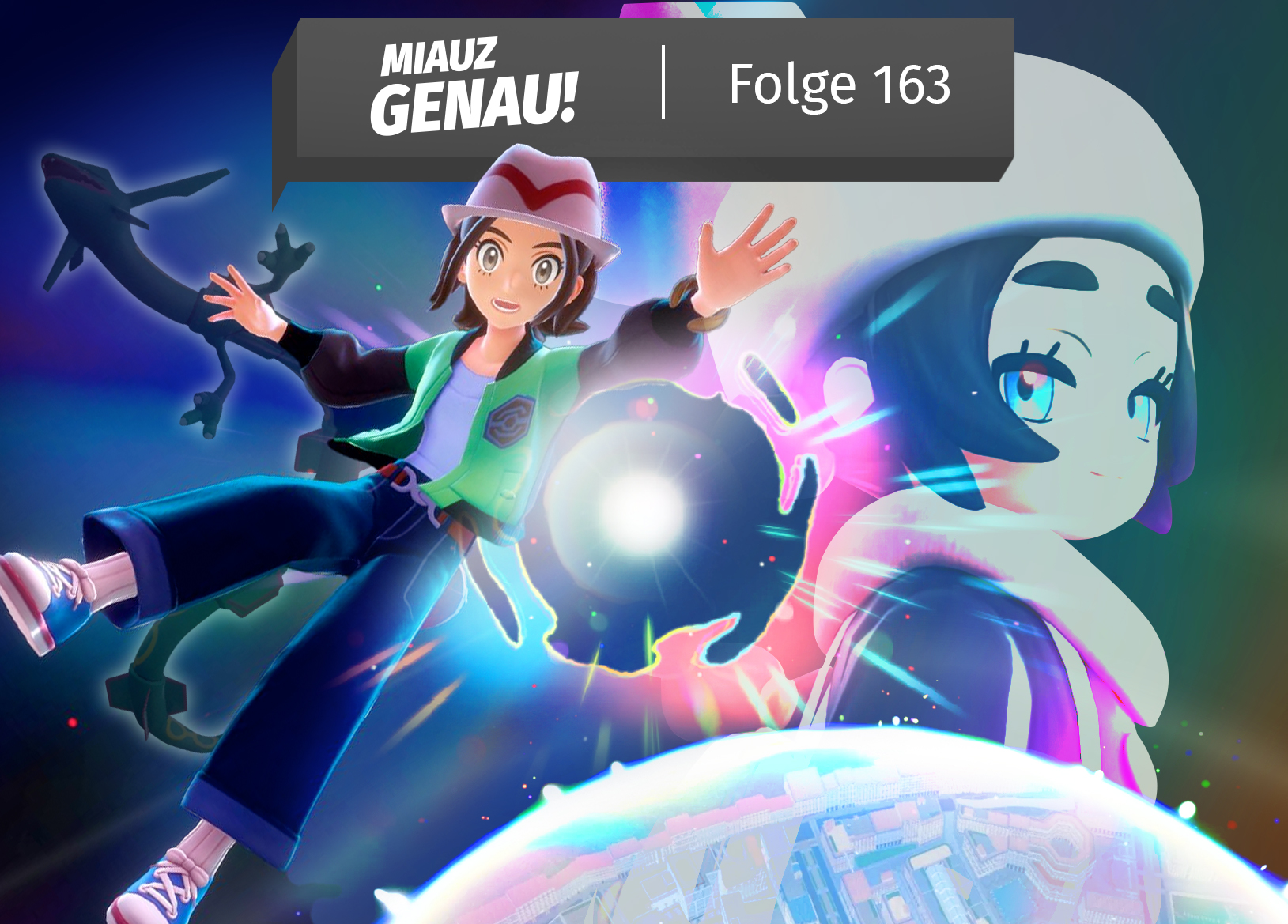 „Miauz Genau Folge 163 – Pokémon Legenden: ZA DLC Review: Protagonistin fliegt vor leuchtendem Dimensionsloch, alternative Illumina City unten, Antja rechts, Rayquaza-Silhouette links.“