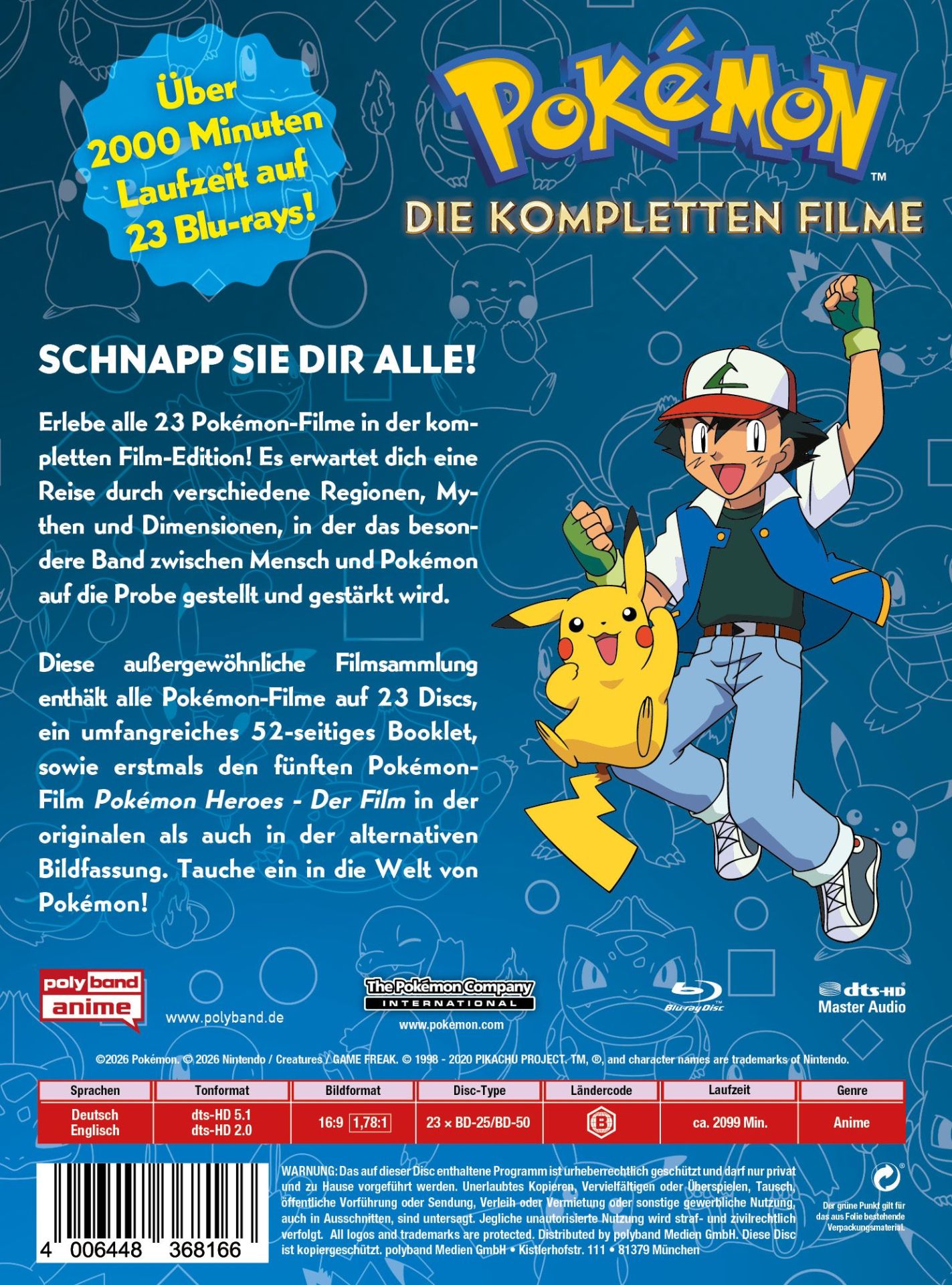 Rückseite der Pokémon Blu-ray-Komplettbox ‚Pokémon: Die kompletten Filme‘ von Polyband mit Ash und Pikachu sowie Infos zu 23 Filmen auf 23 Blu-rays