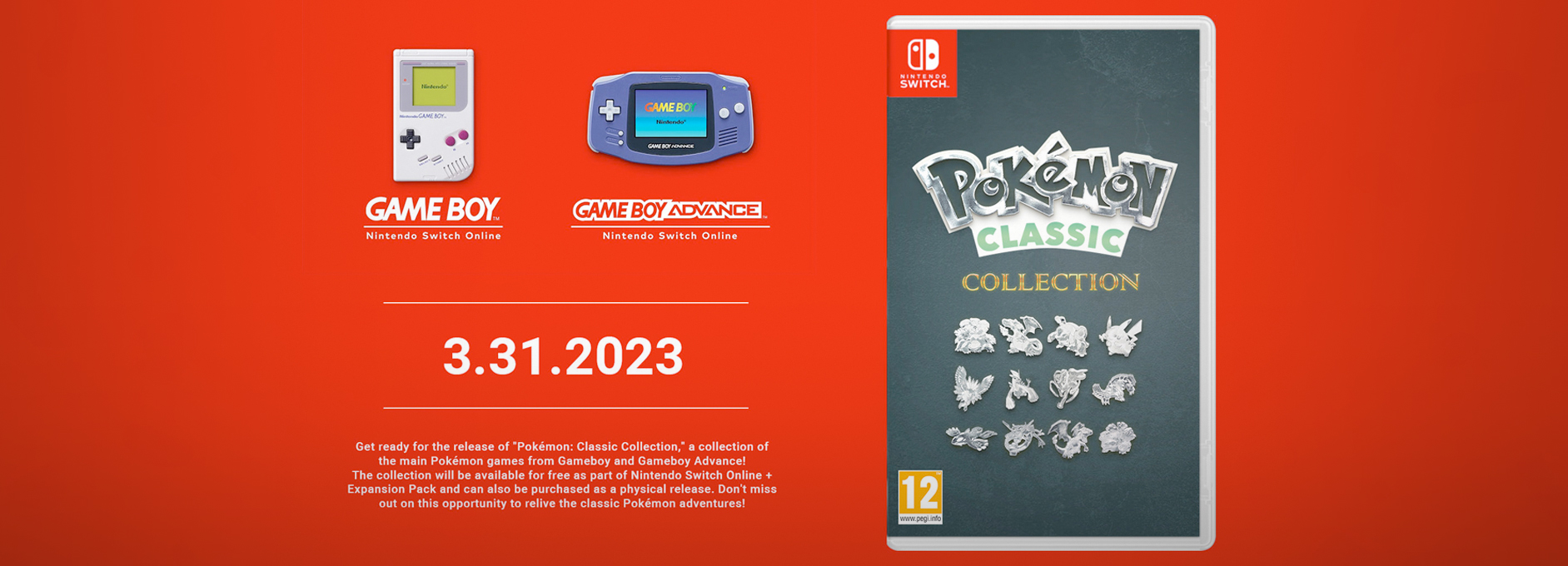 Fan-Mockup von MiauzGenau: rote Promo-Grafik „Pokémon Classic Collection“ für Nintendo Switch mit Spielhülle, Logo, PEGI-12-Badge, silbernen Pokémon-Icons, Game Boy & Game Boy Advance „Nintendo Switch Online“-Logos, großem Datum „3.31.2023“ und Teasertext – keine offizielle Ankündigung, kein Leak.
