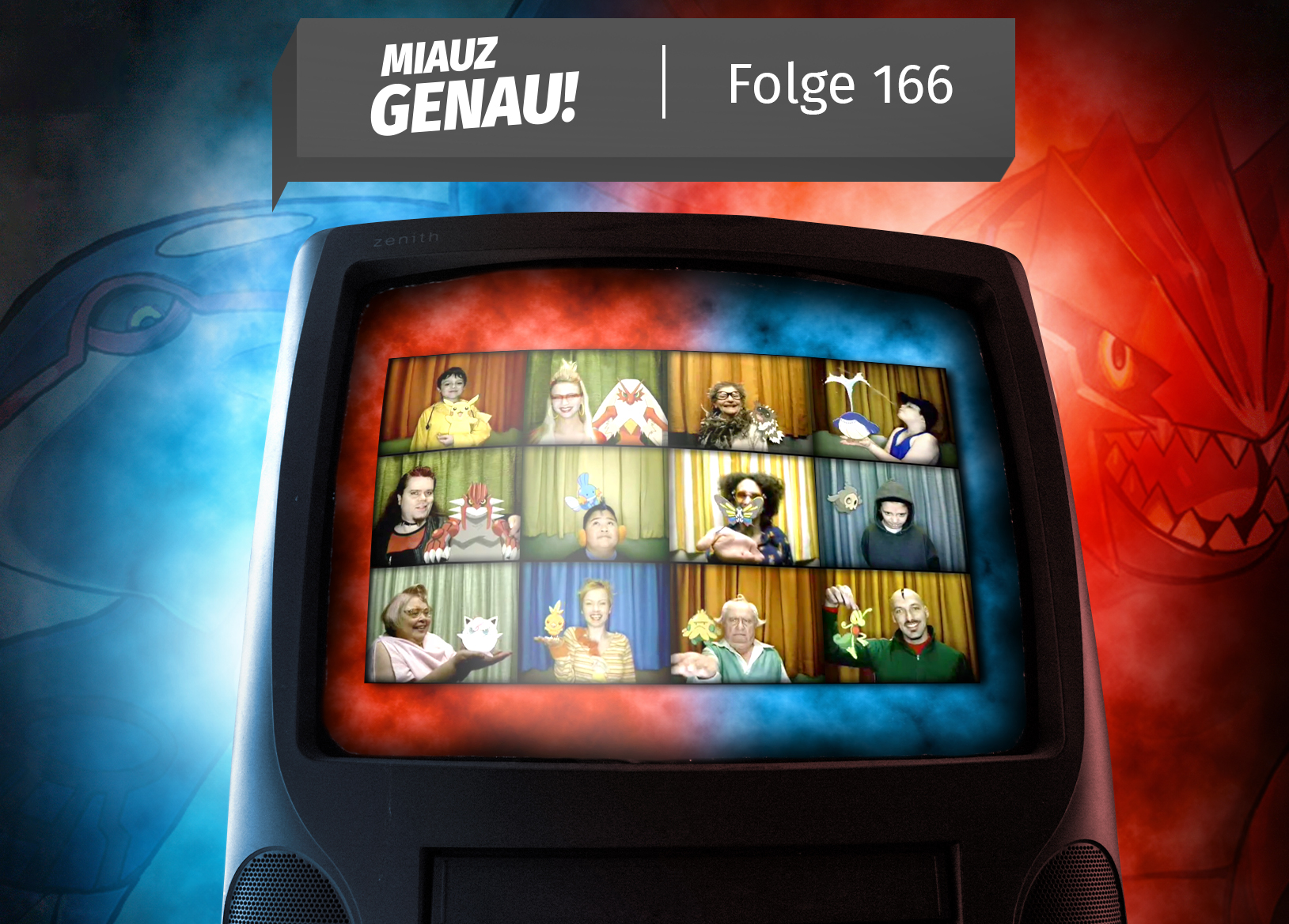 Beitragsbild der Podcastfolge 166 „Miauz Genau!“: Ein Retro-Fernseher mit Collage aus dem Pokémon Rubin & Saphir Webespot (2003); darüber der Schriftzug „Folge 166“, Hintergrund in Rot und Blau.