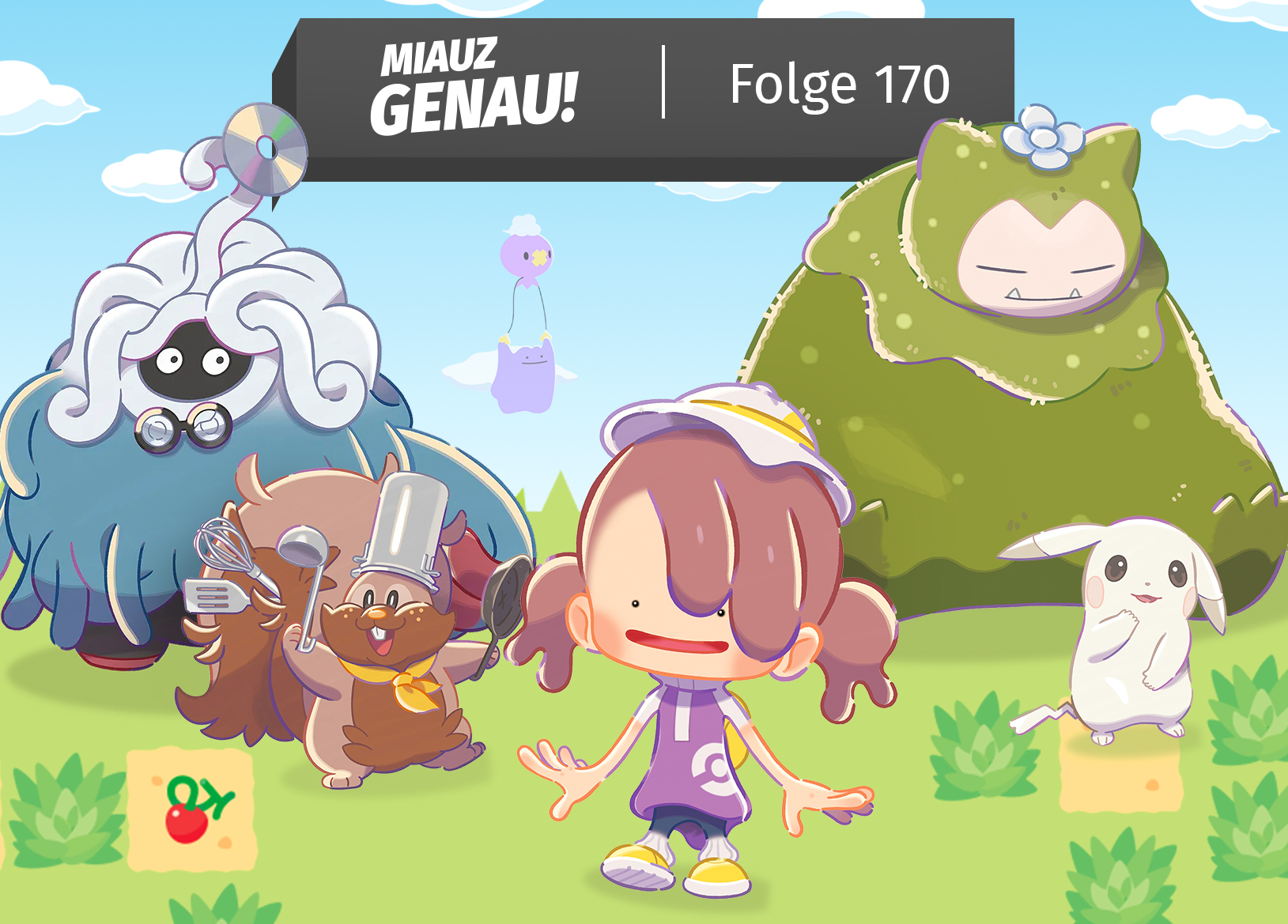 Coverbild zur Podcastfolge 170 von „Miauz Genau! – Der deutsche Pokémon-Podcast“ mit dem Titel „Folge 170“. Zu sehen sind mehrere Figuren aus dem Spiel Pokémon Pokopia auf einer bunten Wiese unter blauem Himmel: links Professor Tangoloss mit weißem Pflanzenhaar und Brille, unten links Chefkoch Schlaraffel mit Kochmütze und Küchenutensilien, in der Mitte der menschliche Spieleravatar in lila Kleidung, rechts oben das moosbedeckte Mooslaxo mit Blume auf dem Kopf und rechts unten Schlappchu, ein weißes Pikachu. Im Hintergrund schweben zwei lila Figuren; das Motiv wirkt freundlich, verspielt und wie ein offizielles Podcast-Cover zu einer Besprechung von Pokémon Pokopia.
