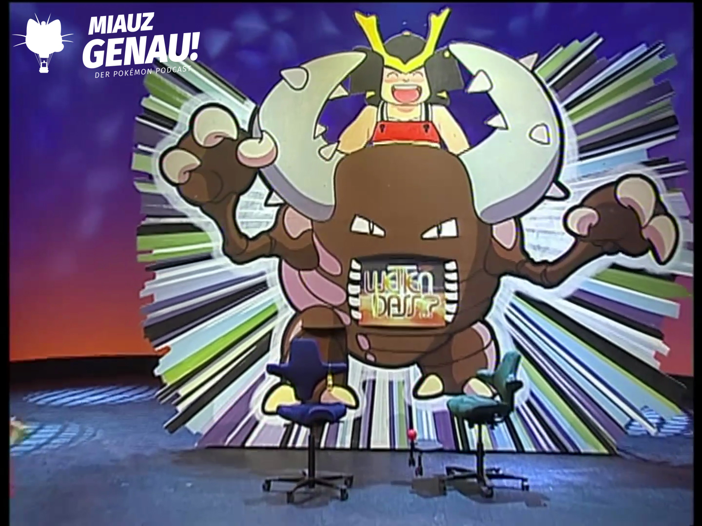 Pokémon-Bühnenbild bei Wetten, dass..? mit zwei Stühlen und großem Wetten-dass-Logo im Hintergrund.