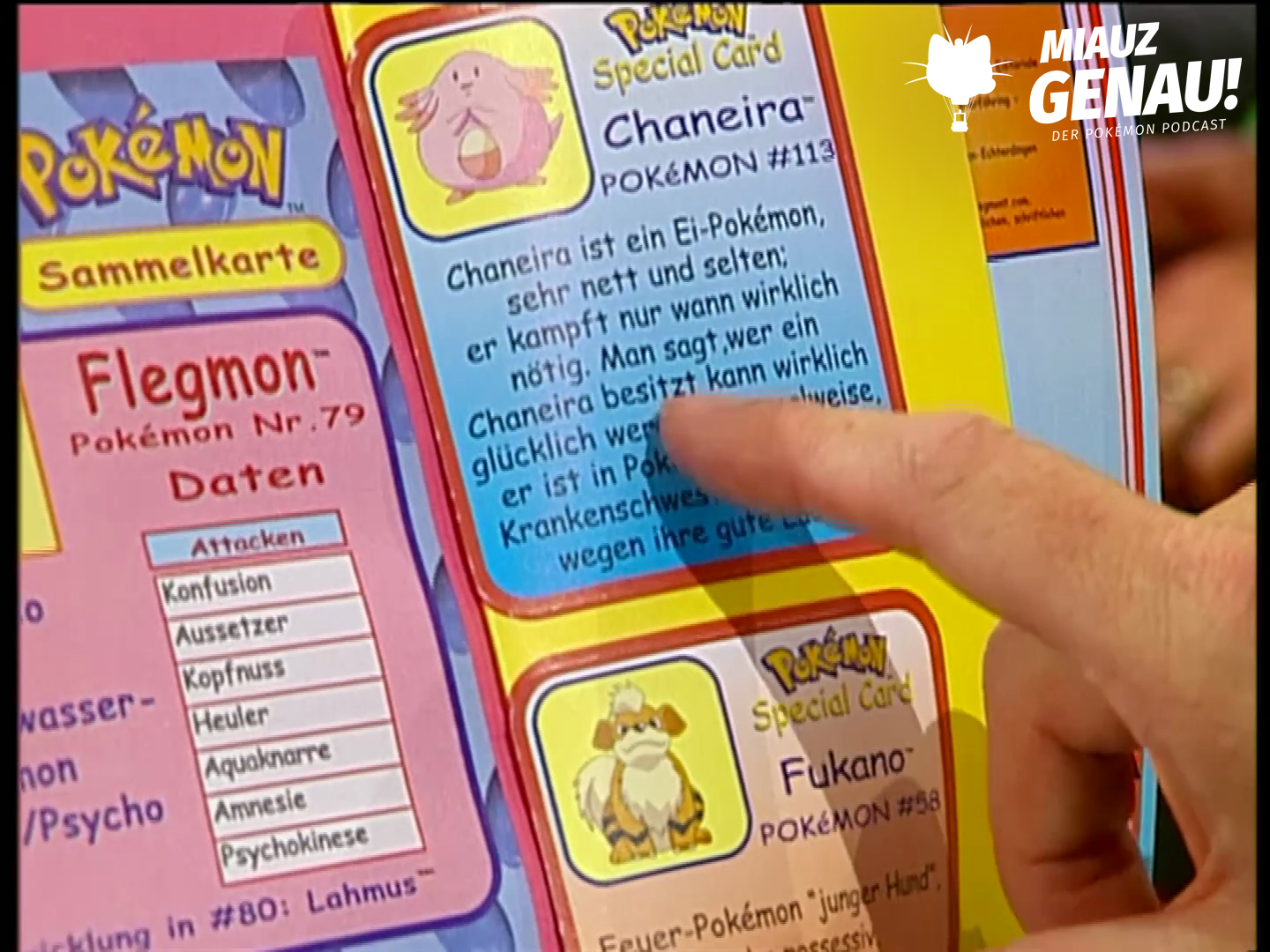 Nahaufnahme einer Pokémon-Kartenseite bei Wetten, dass..? mit Chaneira, Flegmon und Fukano.