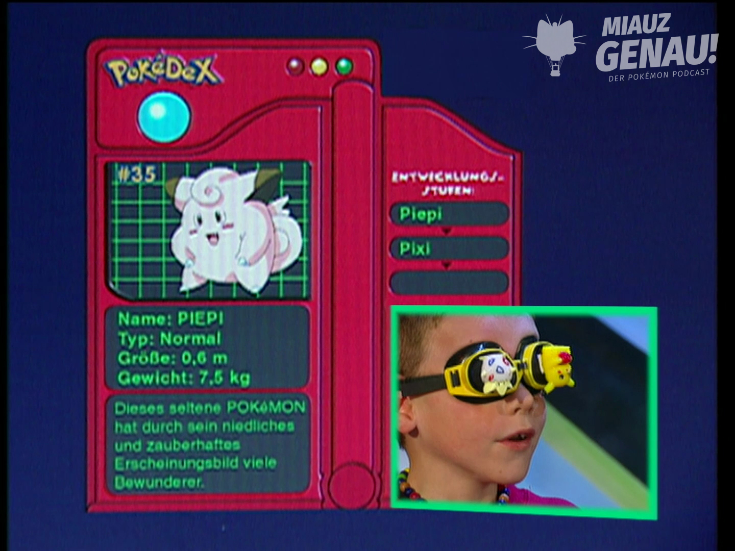 Pokédex-Grafik von Pipi bei Wetten, dass..? mit Benedict Bier und seiner Pokémon-Wettbrille im Bild.
