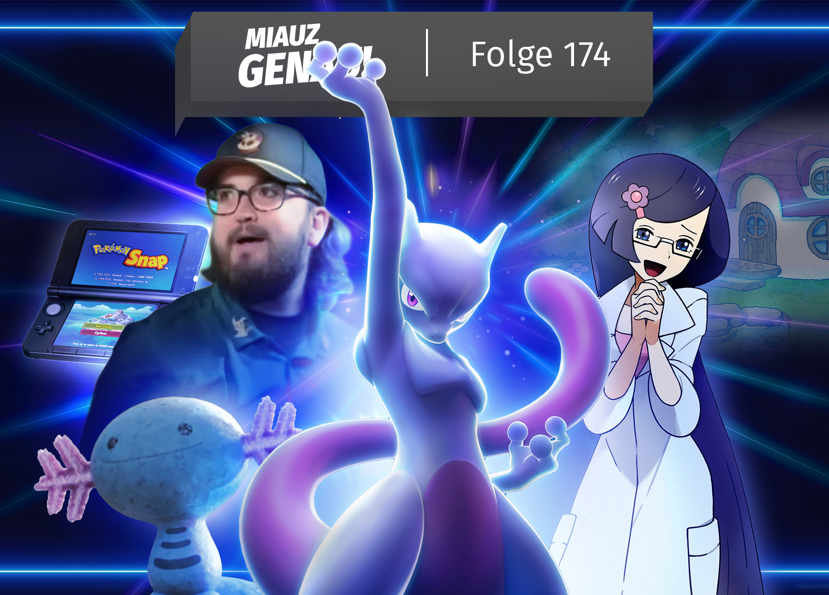 Coverbild zu Miauz Genau Folge 174, dem deutschen Pokémon Podcast: Im Zentrum steht Mewtu vor leuchtendem Pokémon Night Out Hintergrund. Links sind ein Pokémon GO Turnierspieler, ein Nintendo 3DS mit Pokémon Snap und ein Felino aus dem gesperrten Fan-Kanal PokeNational Geographic zu sehen. Rechts steht Vivian, die Professorin der Pokémon Dream World, vor einem Ausschnitt der alten Dream World.