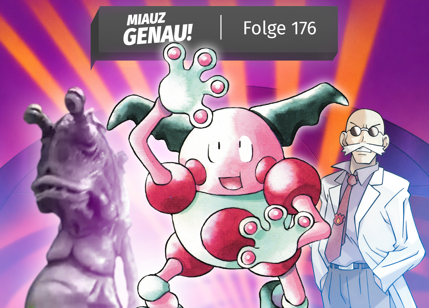 Cover von Miauz Genau Folge 176 mit Pantimos, Arenaleiter Pyro und einer grauen Monsterfigur aus dem Pokémon Gym Challenge Werbespot zum gleichnamigen TCG-Set.